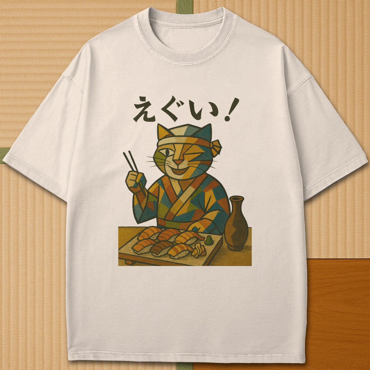 Japanese-inspired cotton Cubist Sushi Cat T-Shirt in Ivory on Comfort Colors 1717, styled in a modern flatlay scene.