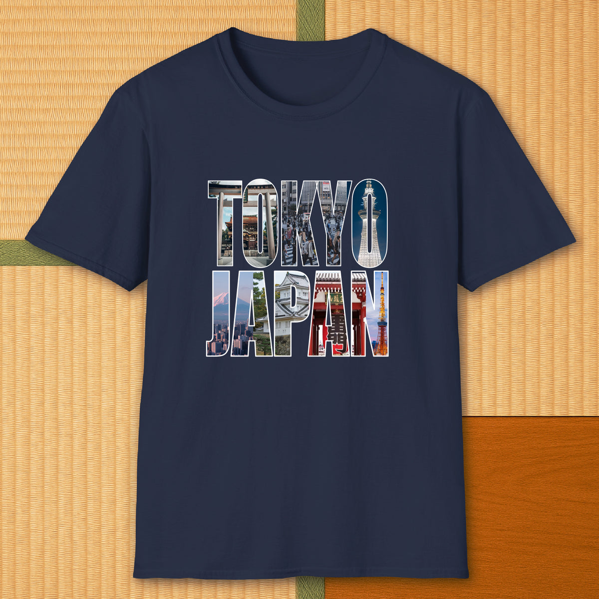 Japanese-inspired cotton Tokyo T-Shirt in Navy on Gildan 64000, styled in a modern flatlay scene