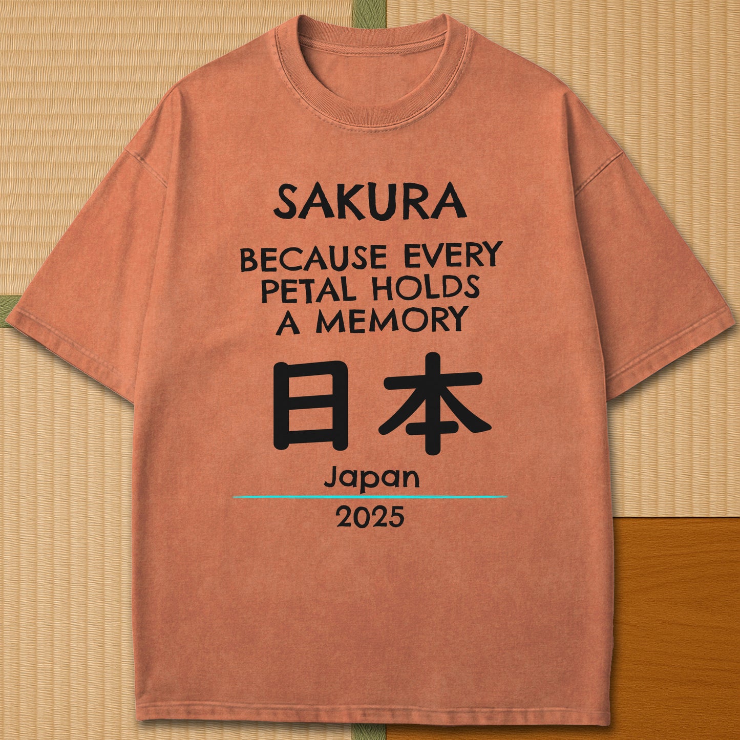 Japanese-inspired cotton Sakura Japan T-Shirt in Yam on Comfort Colors 1717, styled in a modern flatlay scene.