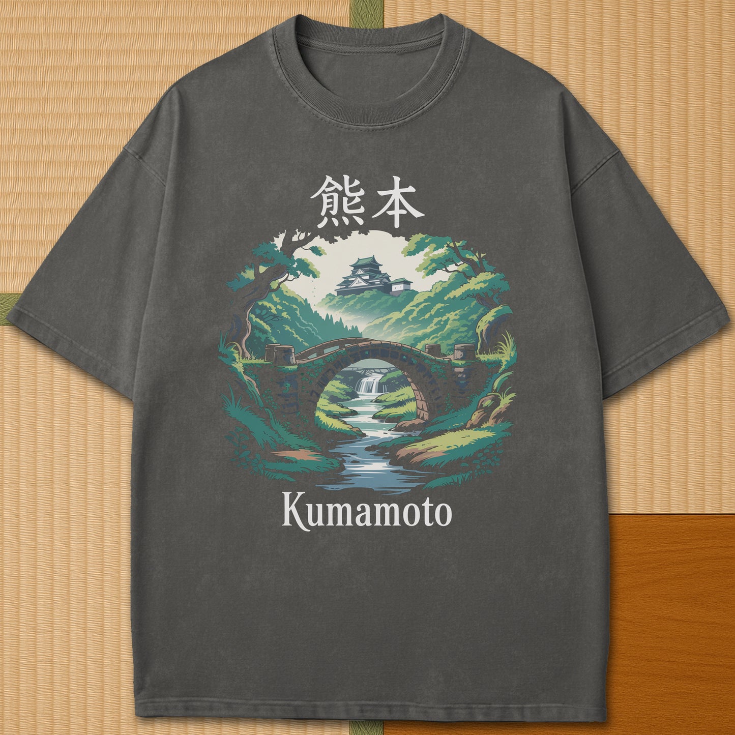 Japanese-inspired cotton Bridge To Kumamoto Castle T-Shirt in Pepper on Comfort Colors 1717, styled in a modern flatlay scene.