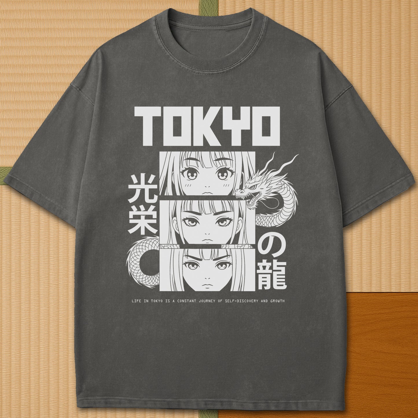 Japanese-inspired cotton Dragon Of Honor T-Shirt in Pepper on Comfort Colors 1717, styled in a modern flatlay scene.