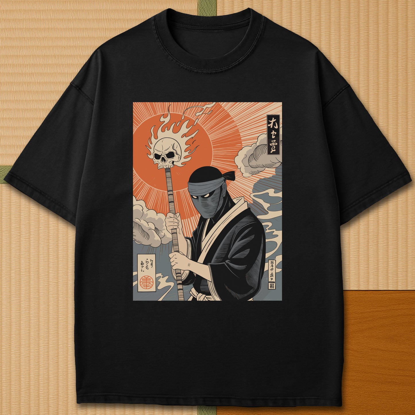 Japanese-inspired cotton Burnt Sun Ninja Vintage Japanese Folklore T-Shirt in Black on Comfort Colors 1717, styled in a modern flatlay scene.