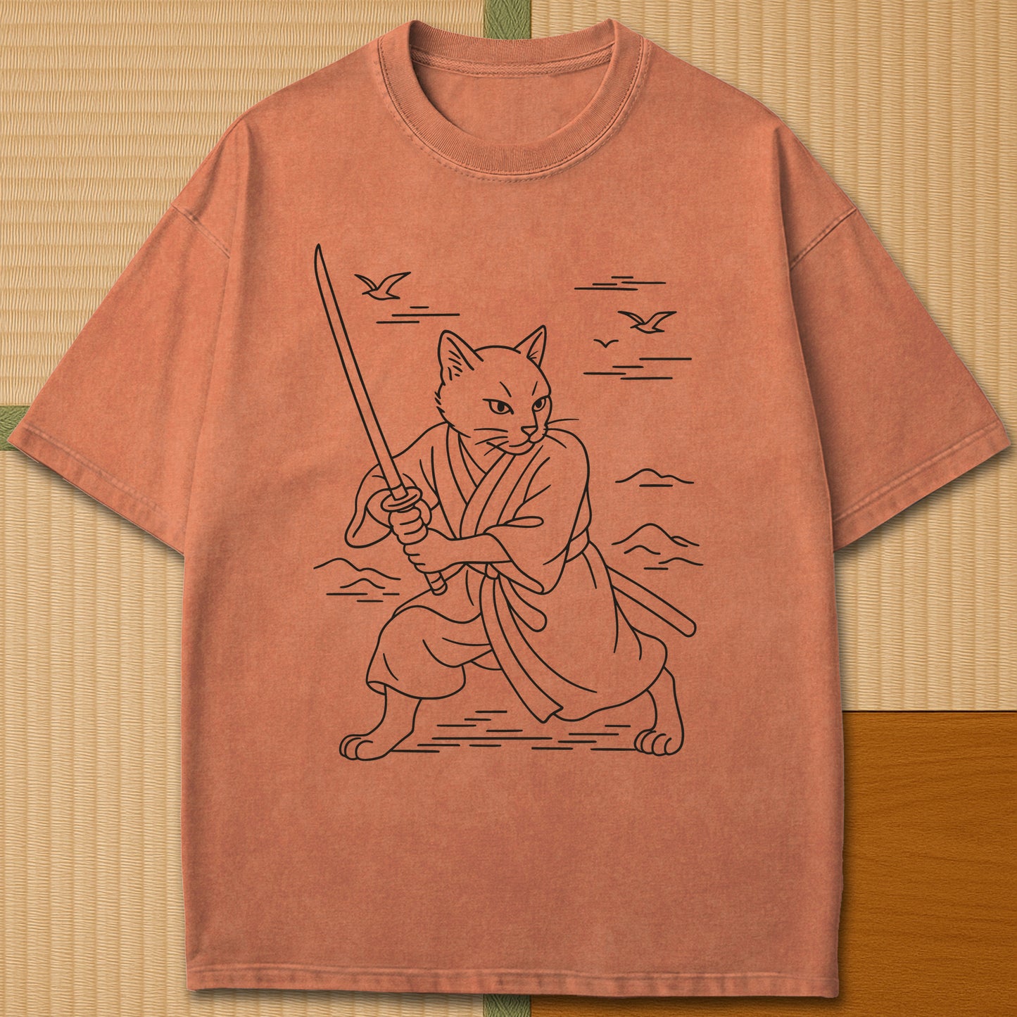 Japanese-inspired cotton Samurai Spirit Cat T-Shirt in Yam on Comfort Colors 1717, styled in a modern flatlay scene.