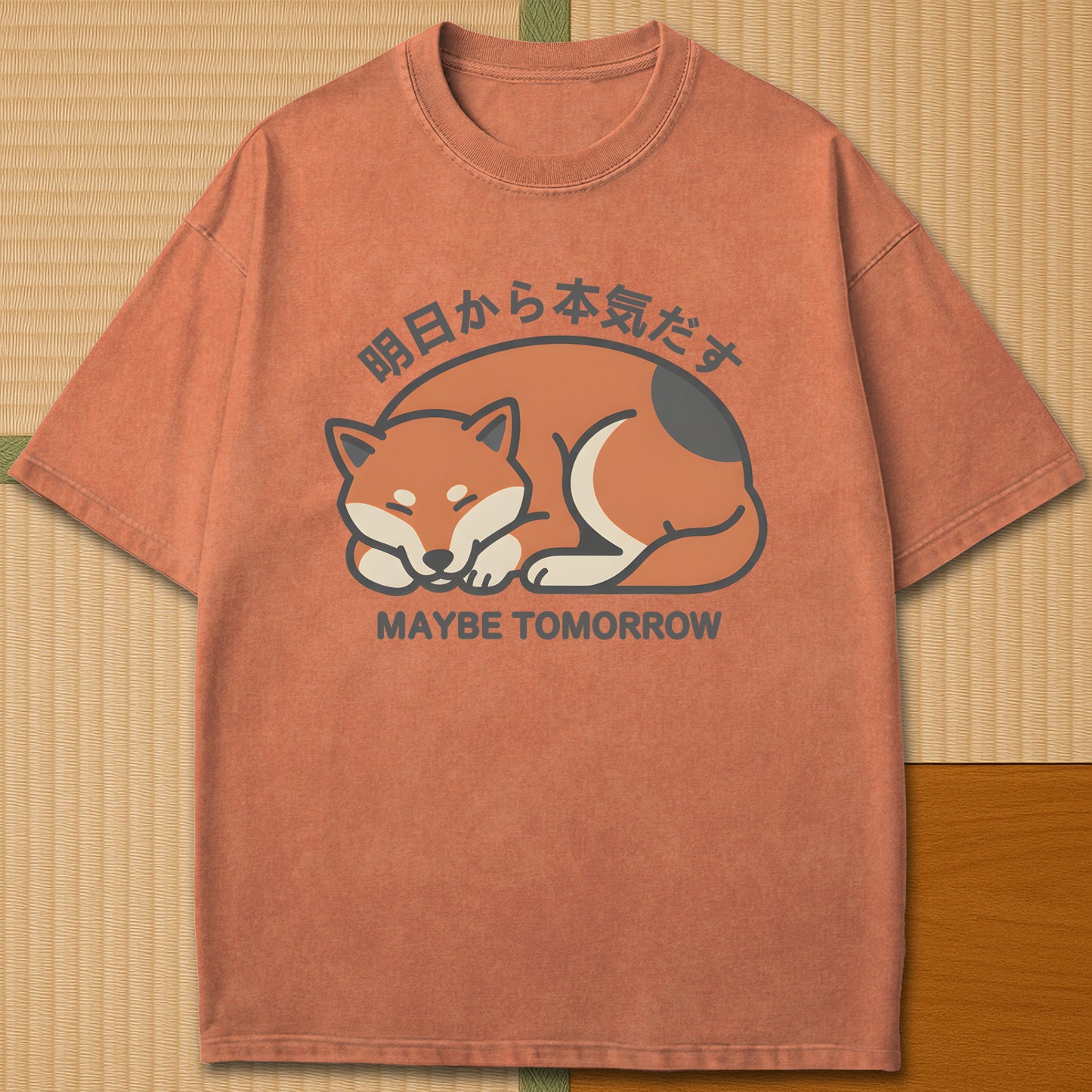 Japanese-inspired cotton Maybe Tomorrow Shiba Inu T-Shirt in Yam on Comfort Colors 1717, styled in a modern flatlay scene.