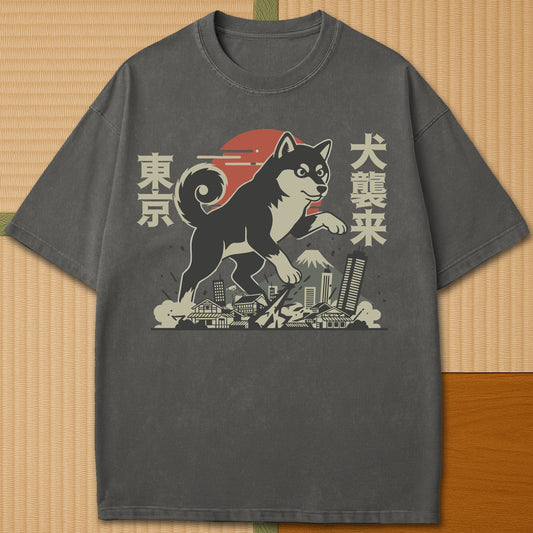 Japanese-inspired cotton Terror Dog Invades Tokyo T-Shirt in Pepper on Comfort Colors 1717, styled in a modern flatlay scene.
