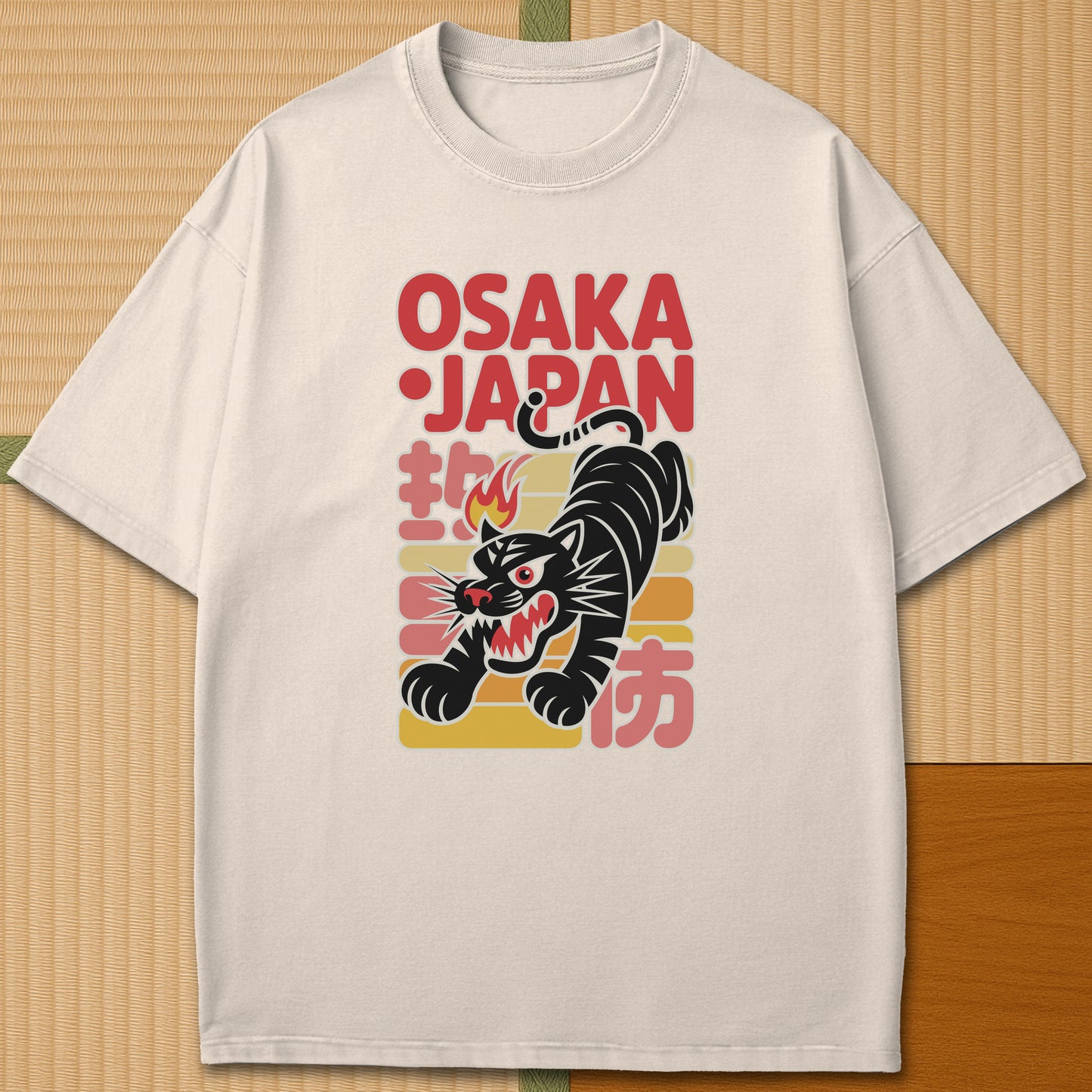 Japanese-inspired cotton Osaka Fire Tiger T-Shirt in Ivory on Comfort Colors 1717, styled in a modern flatlay scene.