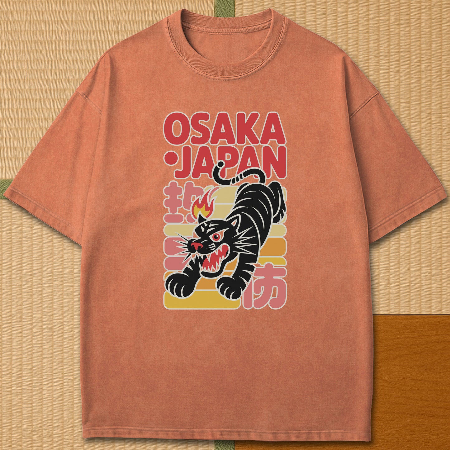 Japanese-inspired cotton Osaka Fire Tiger T-Shirt in Yam on Comfort Colors 1717, styled in a modern flatlay scene.
