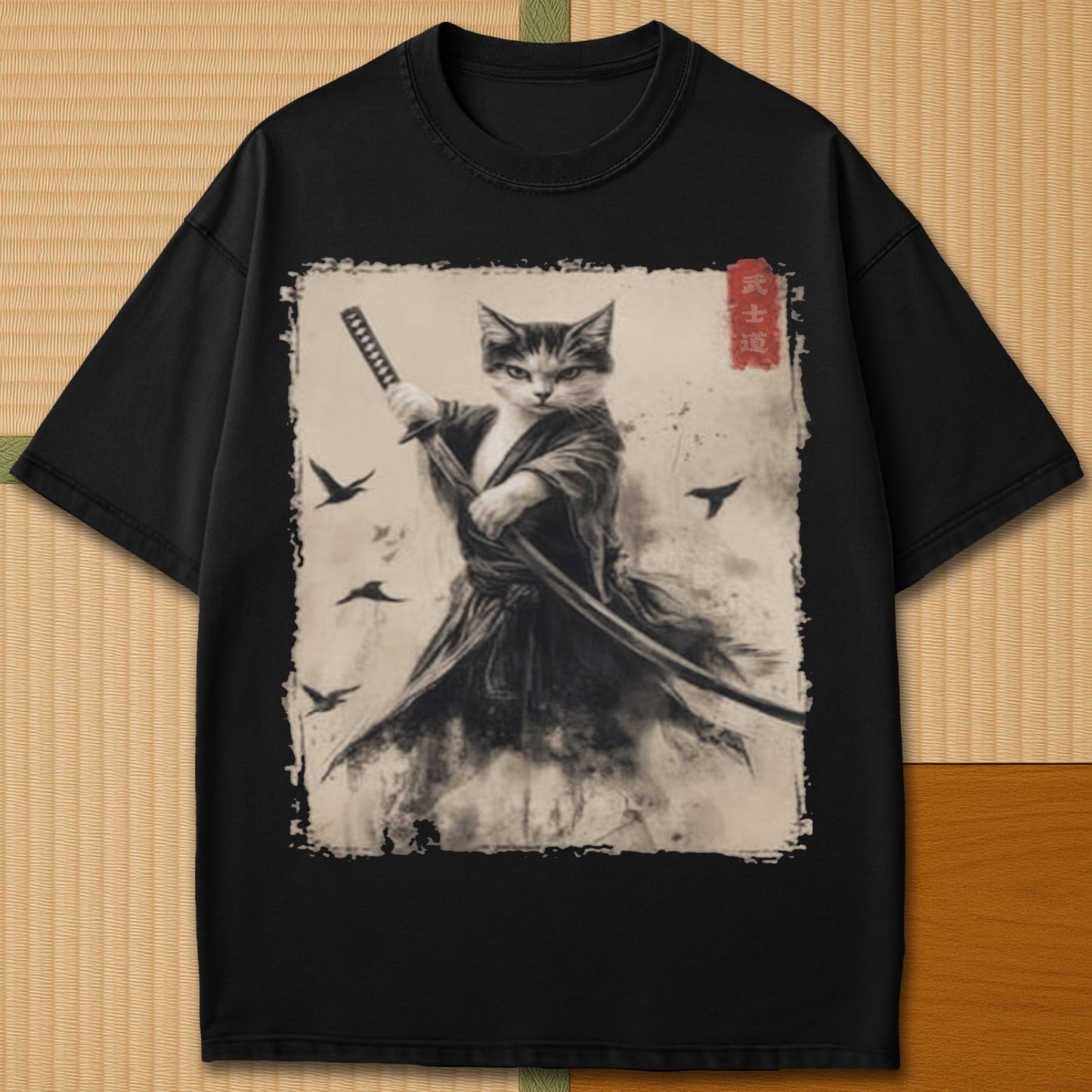 Japanese-inspired cotton Cat Samurai T-Shirt in Black on Comfort Colors 1717, styled in a modern flatlay scene.