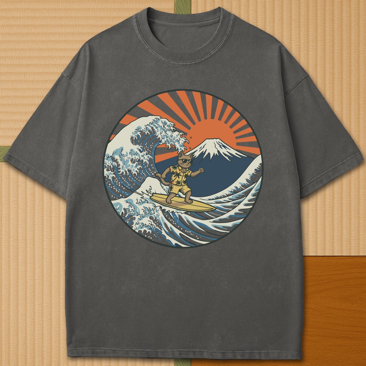 Japanese-inspired cotton Surfing Neko Retro Wave Cat Vs Mt Fuji Sunset T-Shirt in Pepper on Comfort Colors 1717, styled in a modern flatlay scene.