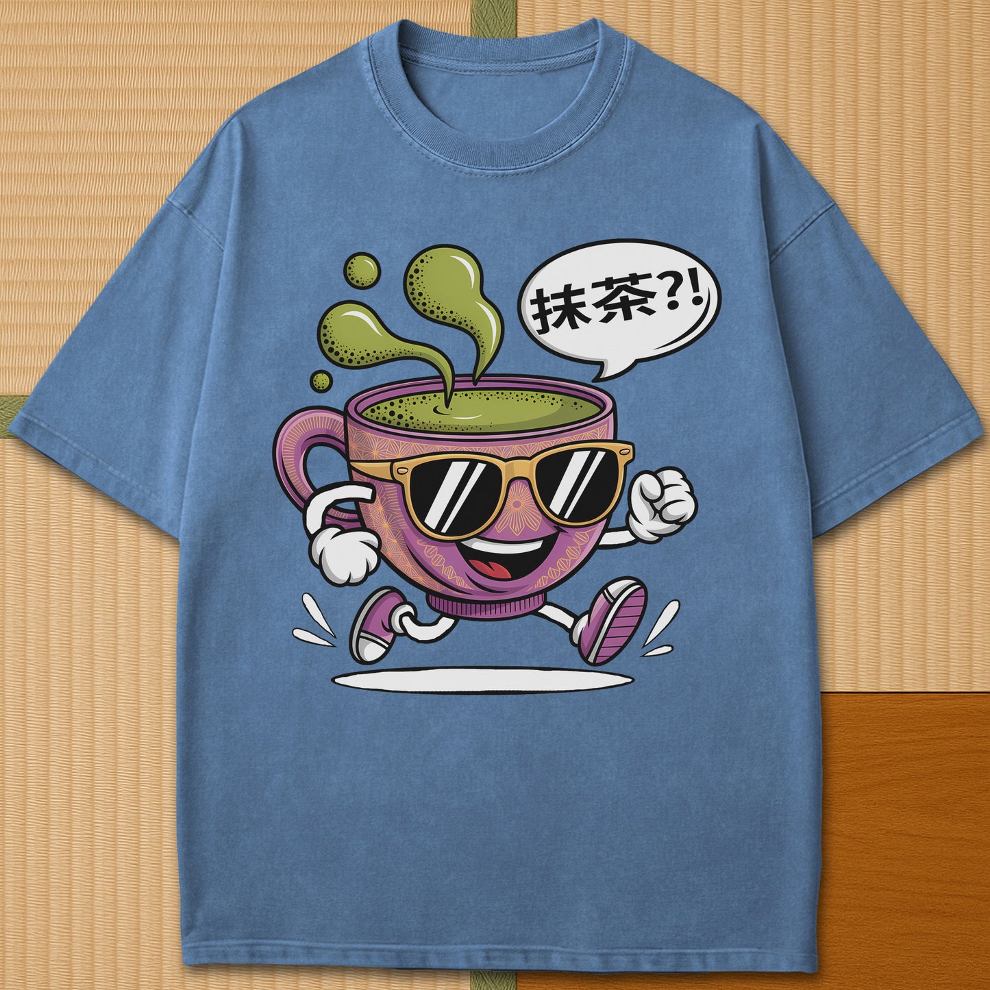 Japanese-inspired cotton Matcha Time Kanji T-Shirt in Blue Jean on Comfort Colors 1717, styled in a modern flatlay scene.