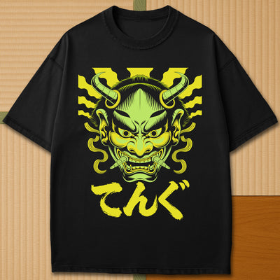 Japanese-inspired cotton Oni Tengu Rising T-Shirt in Black on Comfort Colors 1717, styled in a modern flatlay scene.