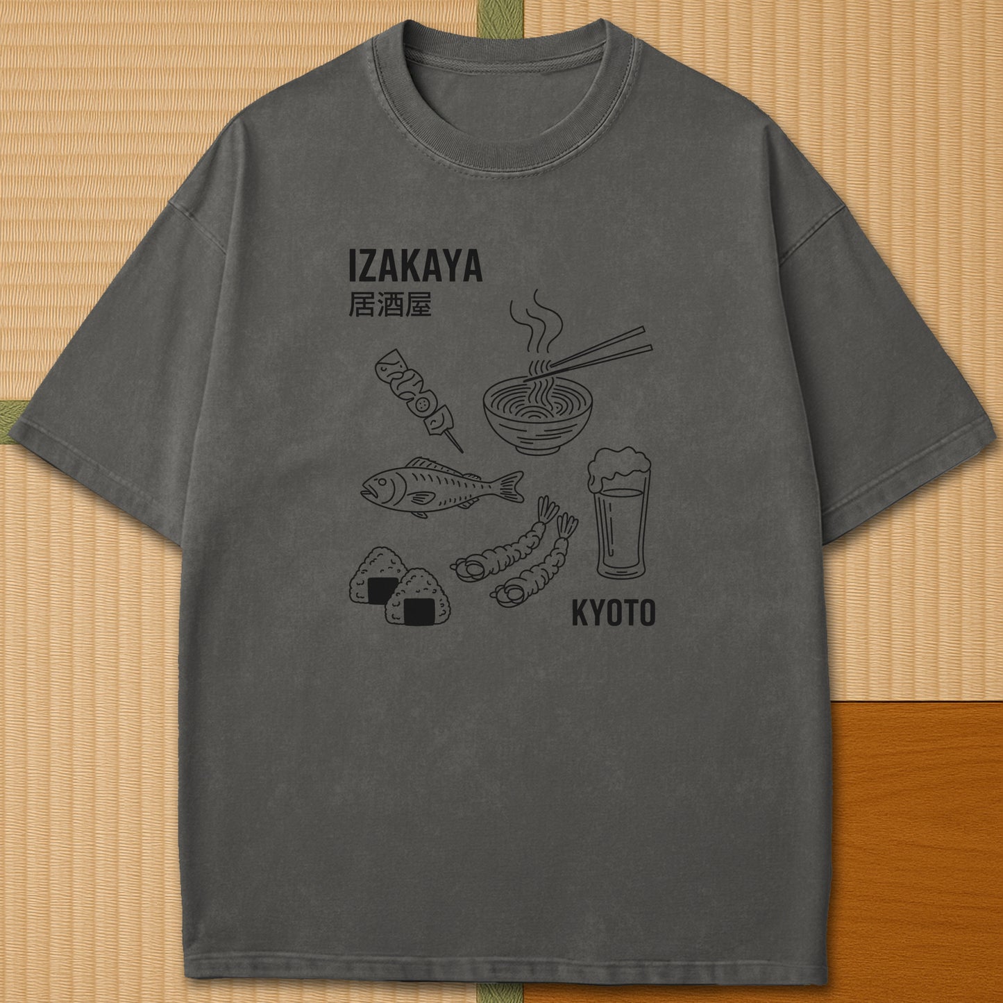 Japanese-inspired cotton Izakaya Japanese Foodie T-Shirt in Pepper on Comfort Colors 1717, styled in a modern flatlay scene.