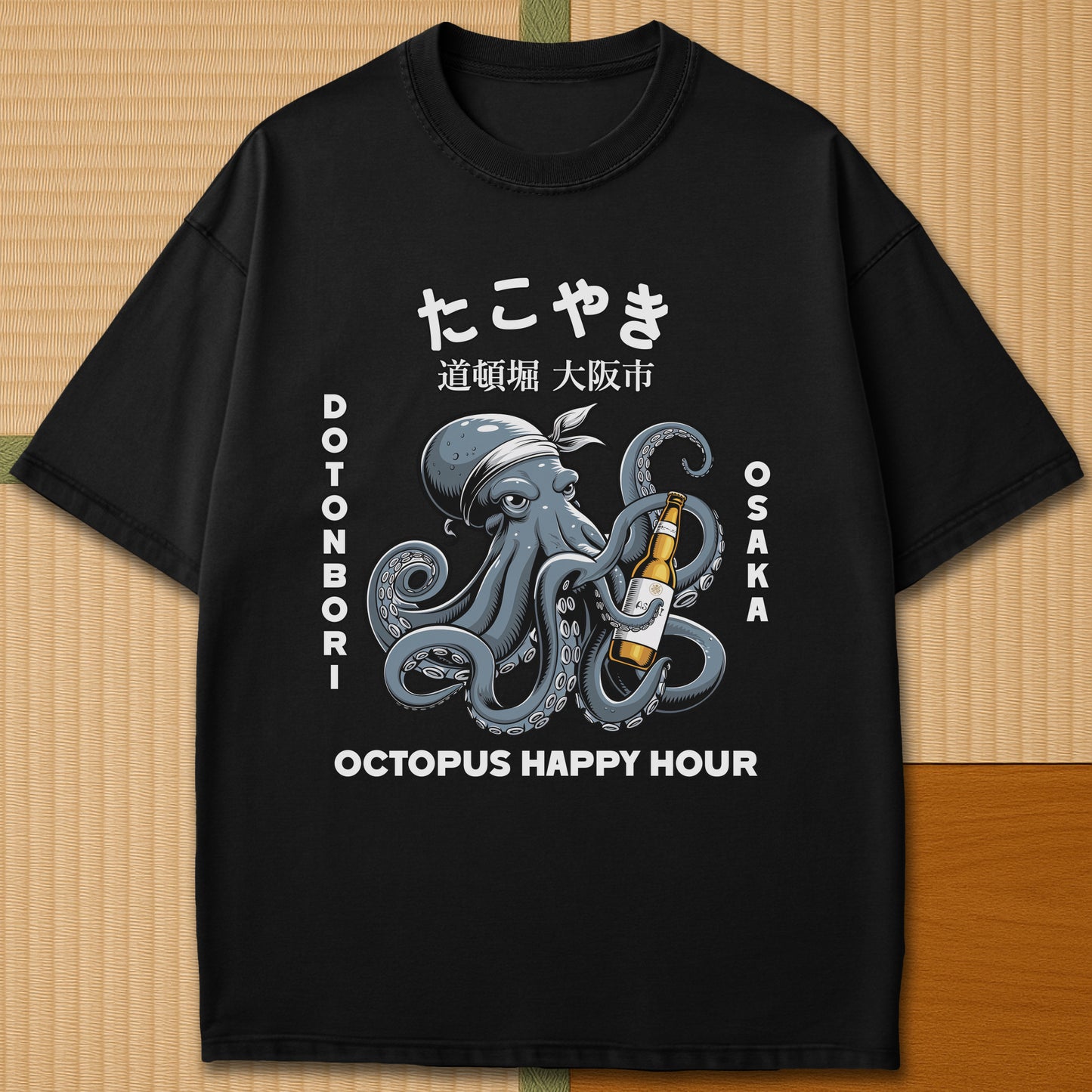 Japanese-inspired cotton Dotonbori Takoyaki T-Shirt in Black on Comfort Colors 1717, styled in a modern flatlay scene.