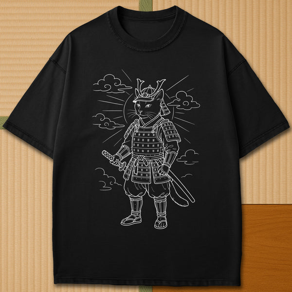 Japanese-inspired cotton Rising Sun Samurai Cat T-Shirt in Black on Comfort Colors 1717, styled in a modern flatlay scene.