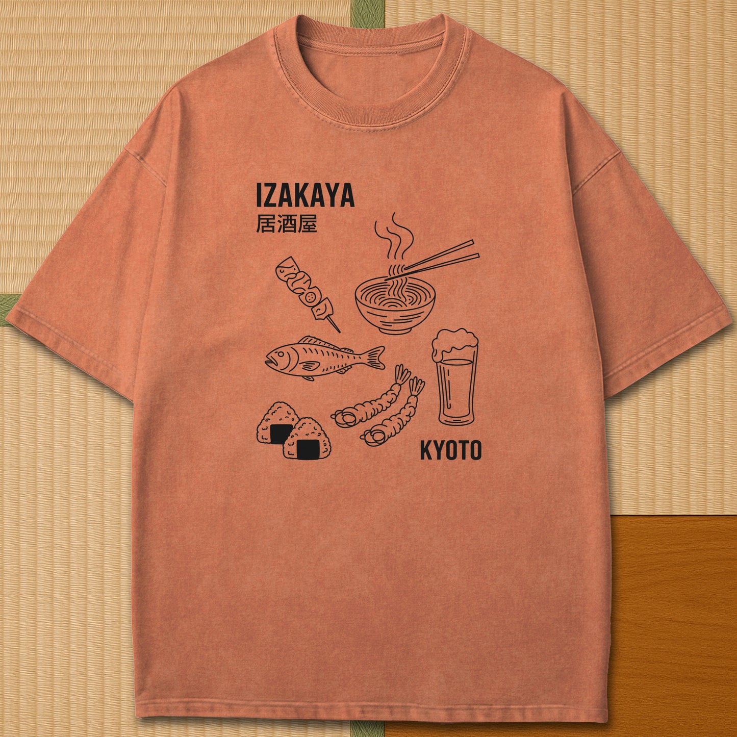 Japanese-inspired cotton Izakaya Japanese Foodie T-Shirt in Yam on Comfort Colors 1717, styled in a modern flatlay scene.