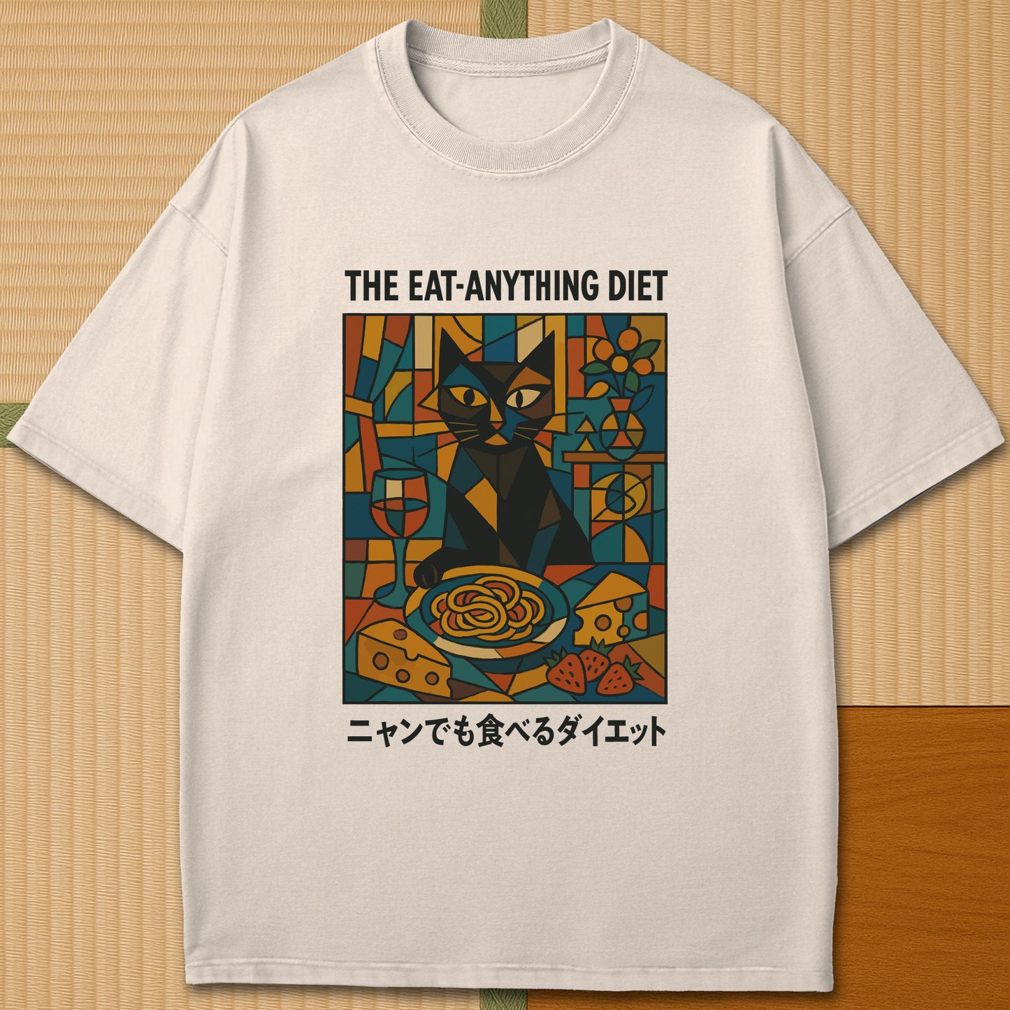 Japanese-inspired cotton Nyan Diet Club T-Shirt in Ivory on Comfort Colors 1717, styled in a modern flatlay scene.