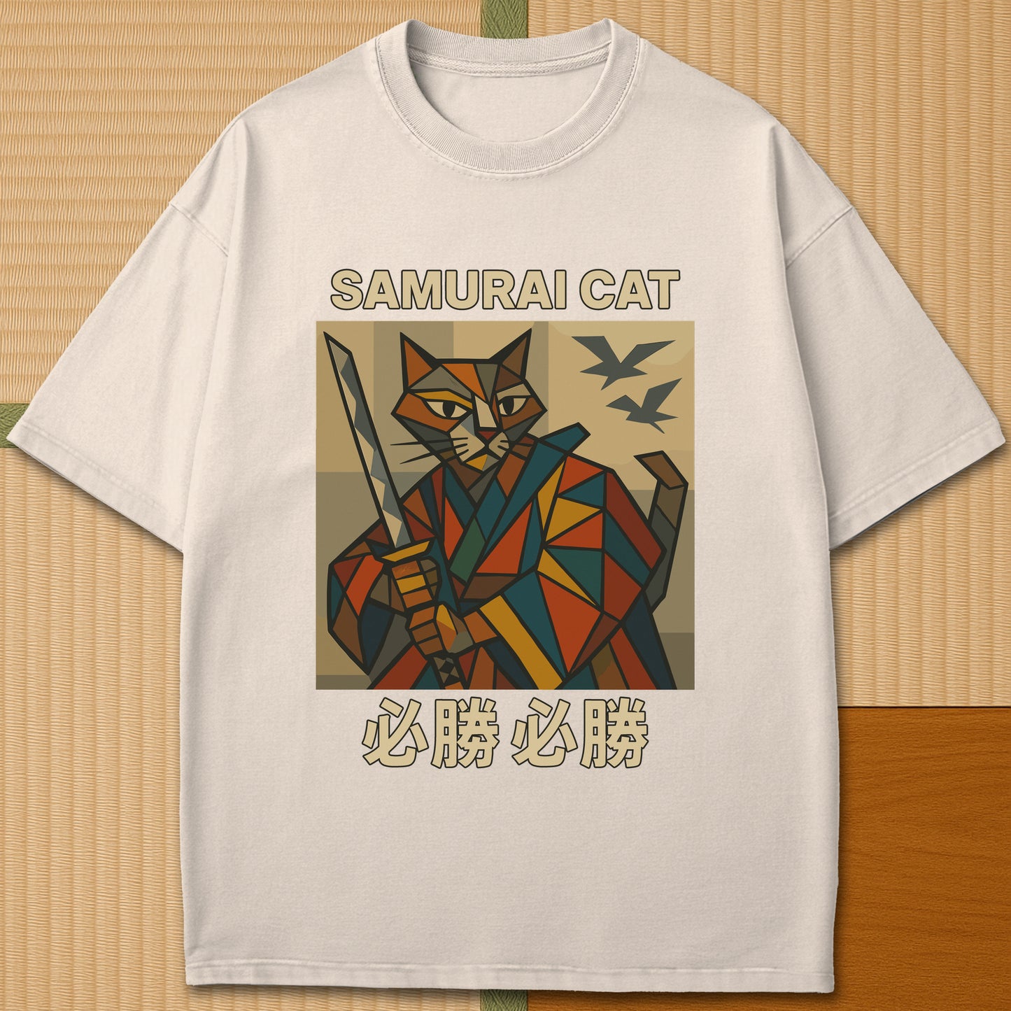 Japanese-inspired cotton Victory Cubist Samurai Cat T-Shirt in Ivory on Comfort Colors 1717, styled in a modern flatlay scene.