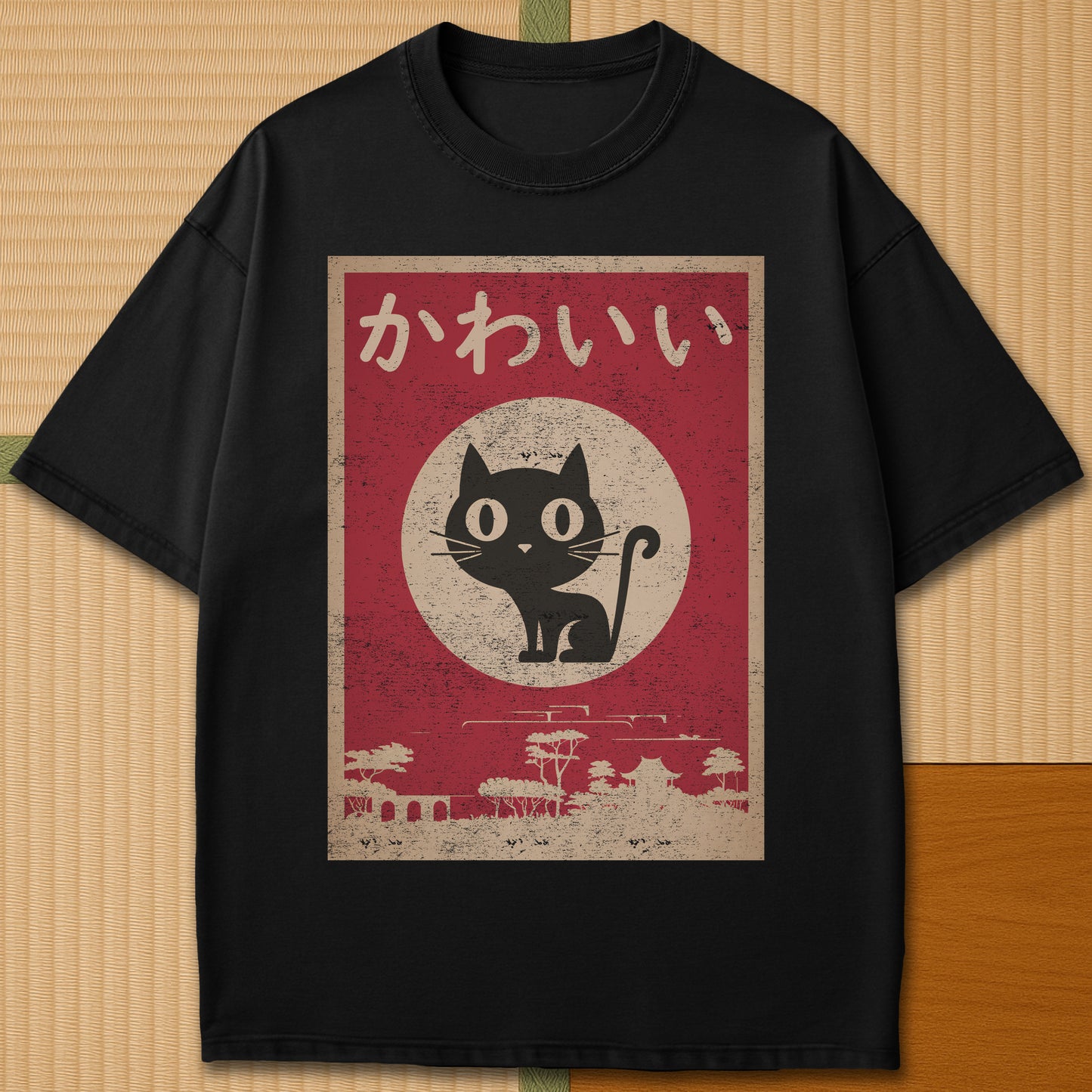 Japanese-inspired cotton Kawaii Cat T-Shirt in Black on Comfort Colors 1717, styled in a modern flatlay scene.