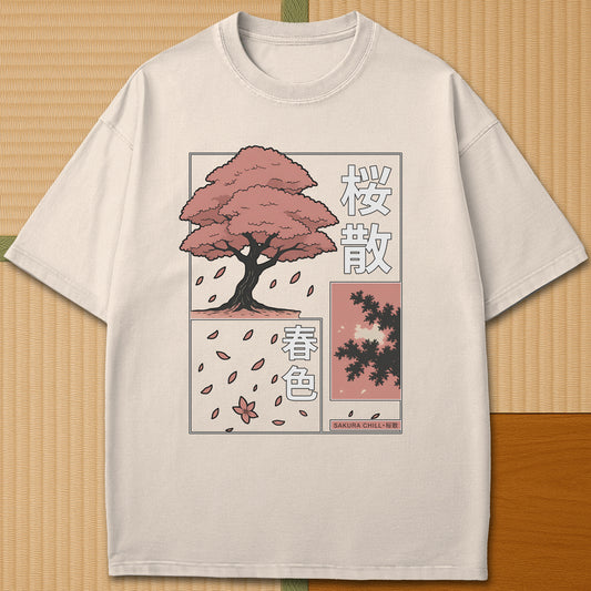 Japanese-inspired cotton Sakura Chill T-Shirt in Ivory on Comfort Colors 1717, styled in a modern flatlay scene.