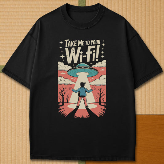 Japanese-inspired cotton Gaijin Abduction T-Shirt in Black on Comfort Colors 1717, styled in a modern flatlay scene.