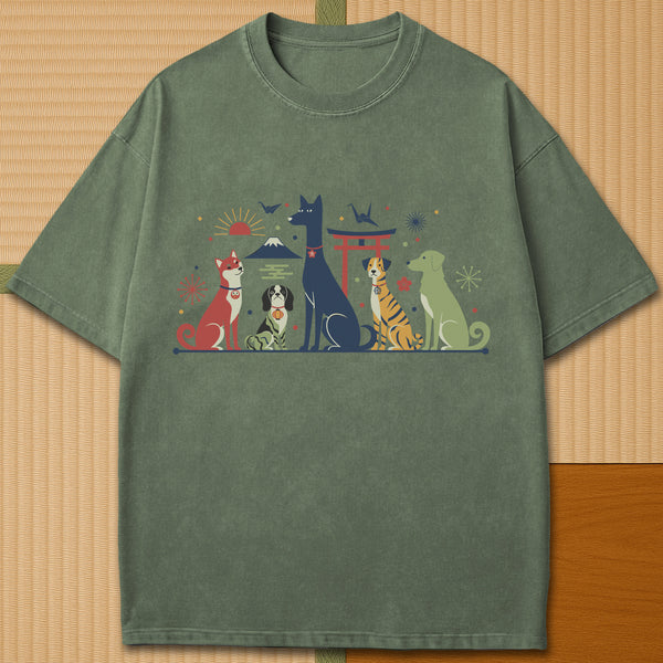 Japanese-inspired cotton Mid Century Retro Japanese Dogs T-Shirt in Moss on Comfort Colors 1717, styled in a modern flatlay scene.