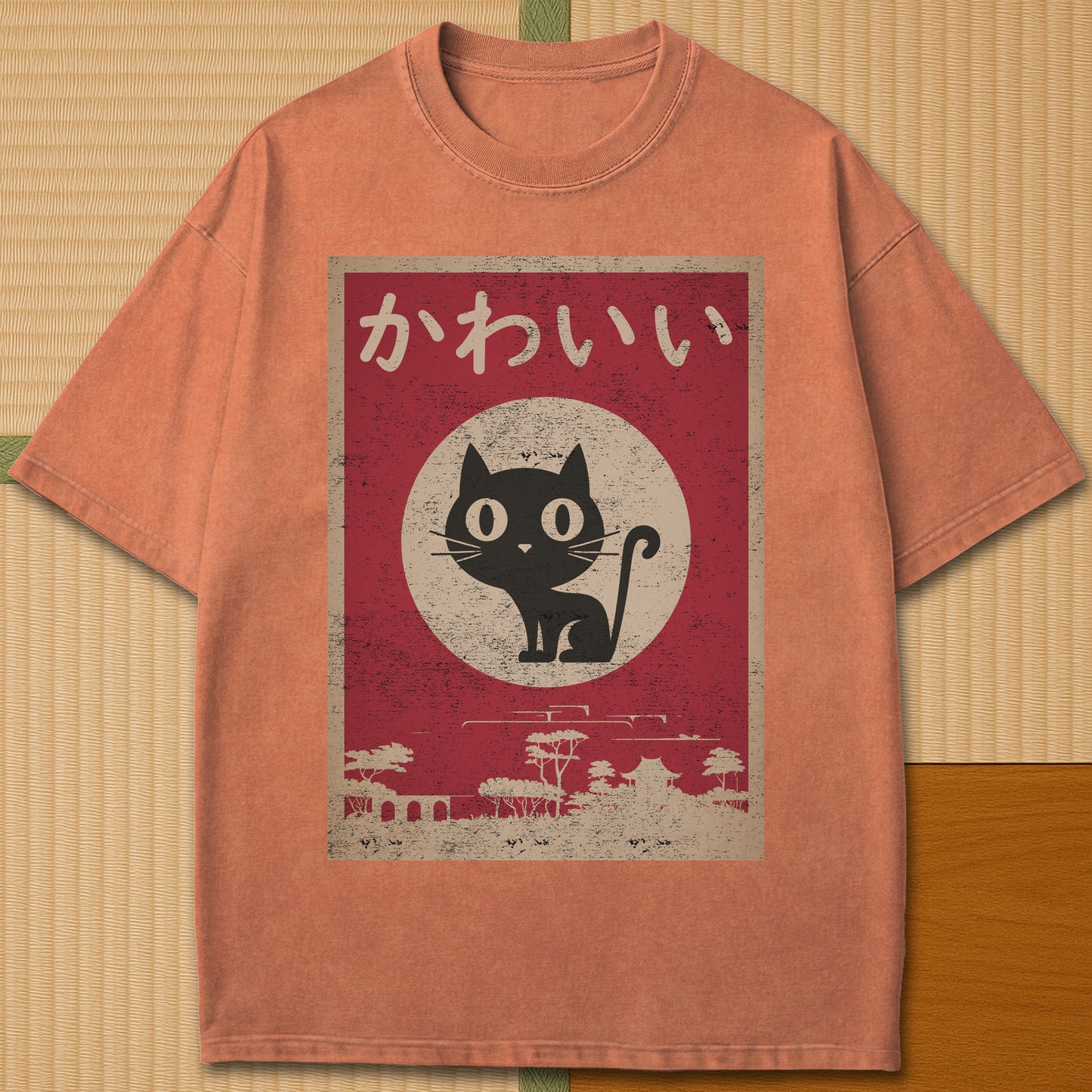 Japanese-inspired cotton Kawaii Cat T-Shirt in Yam on Comfort Colors 1717, styled in a modern flatlay scene.