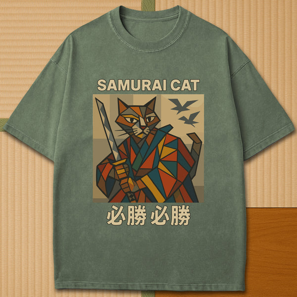 Japanese-inspired cotton Victory Cubist Samurai Cat T-Shirt in Moss on Comfort Colors 1717, styled in a modern flatlay scene.