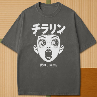 Japanese-inspired cotton Psyche Tsunami T-Shirt in Pepper on Comfort Colors 1717, styled in a modern flatlay scene.