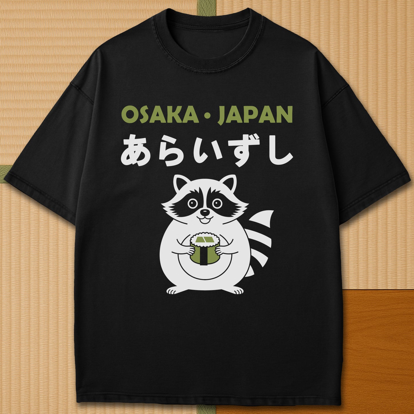 Japanese-inspired cotton Arai Zushi Osaka T-Shirt in Black on Comfort Colors 1717, styled in a modern flatlay scene.