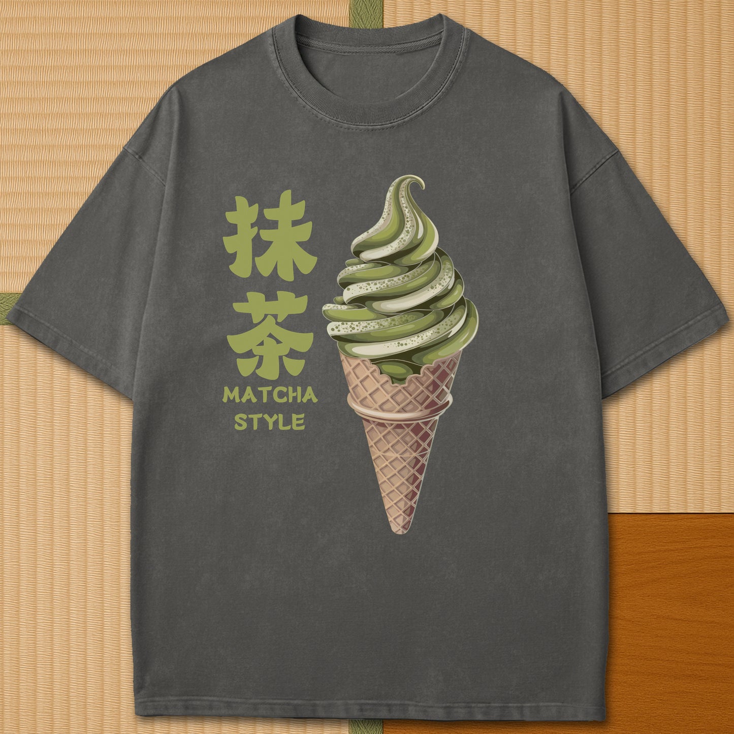 Japanese-inspired cotton Matcha Ice Cream T-Shirt in Pepper on Comfort Colors 1717, styled in a modern flatlay scene.