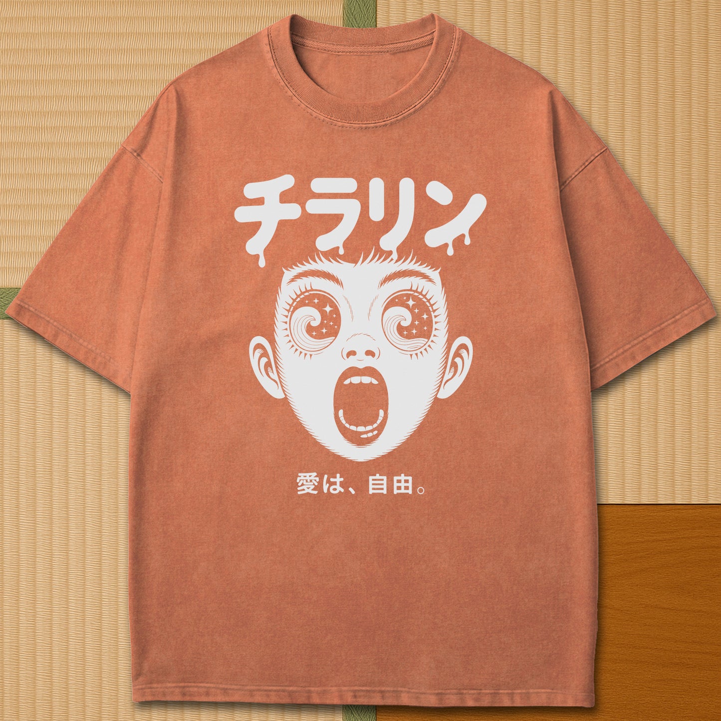 Japanese-inspired cotton Psyche Tsunami T-Shirt in Yam on Comfort Colors 1717, styled in a modern flatlay scene.