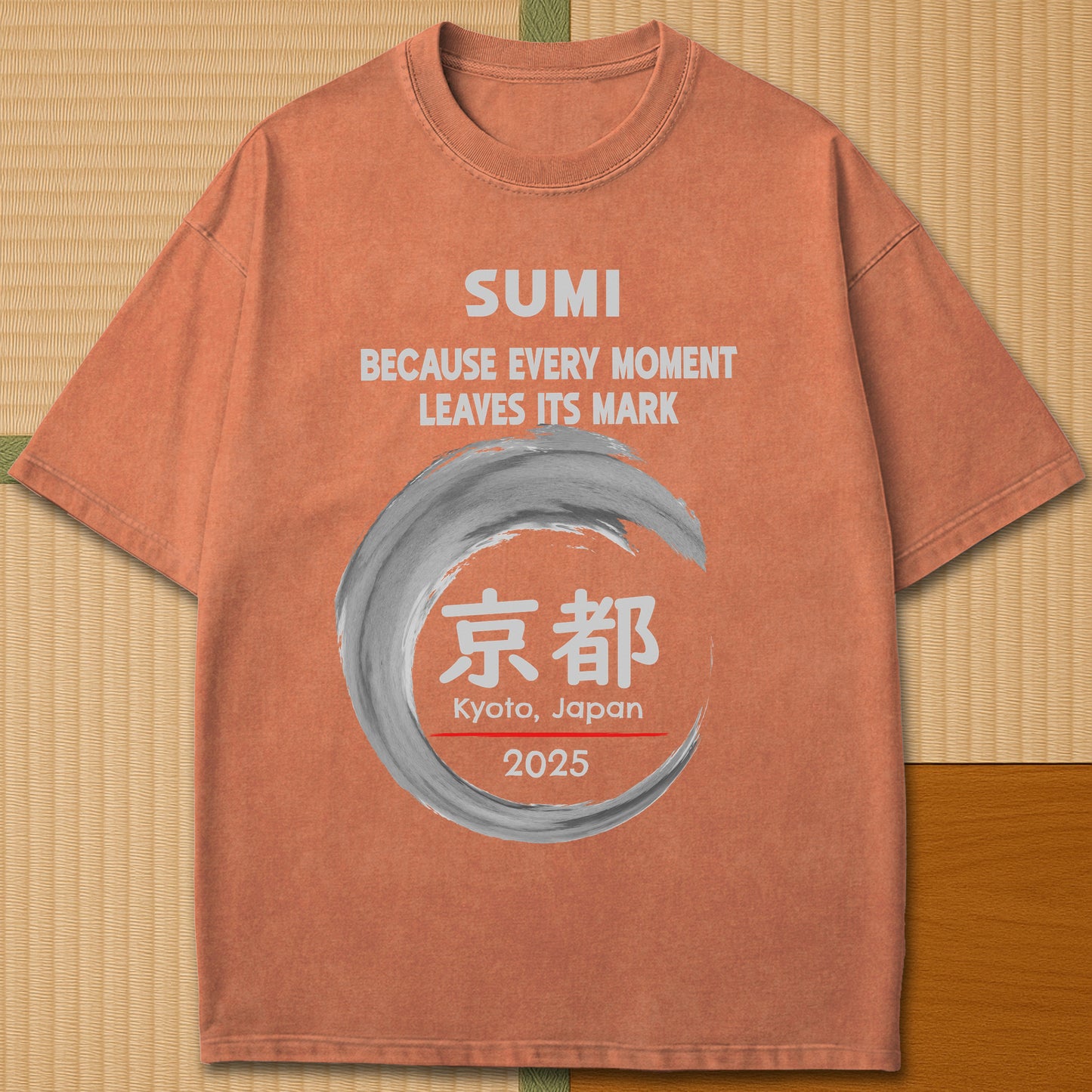 Japanese-inspired cotton Sumi Marks Kyoto T-Shirt in Yam on Comfort Colors 1717, styled in a modern flatlay scene.