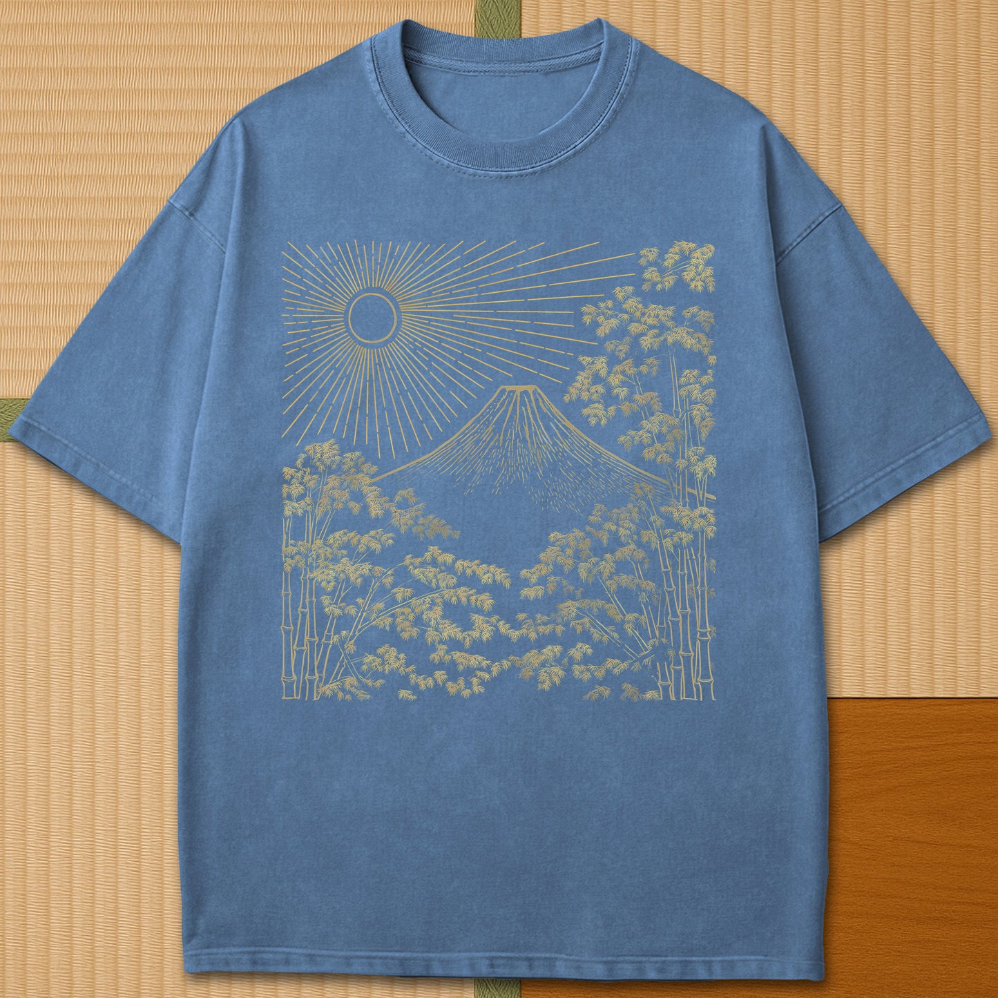 Japanese-inspired cotton Fuji Sunset Line Art T-Shirt in Blue Jean on Comfort Colors 1717, styled in a modern flatlay scene.