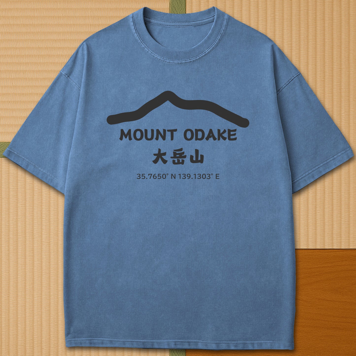 Japanese-inspired cotton Mount Odake T-Shirt in Blue Jean on Comfort Colors 1717, styled in a modern flatlay scene.