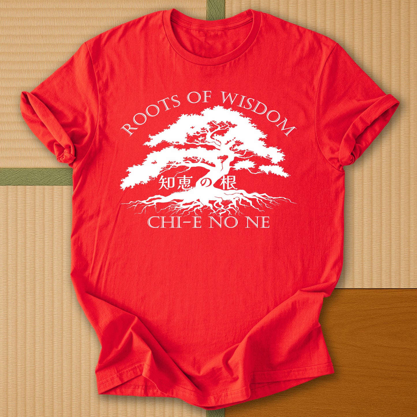 Japanese-inspired cotton Roots of Wisdom T-Shirt in Red on Gildan 64000, styled in a modern flatlay scene