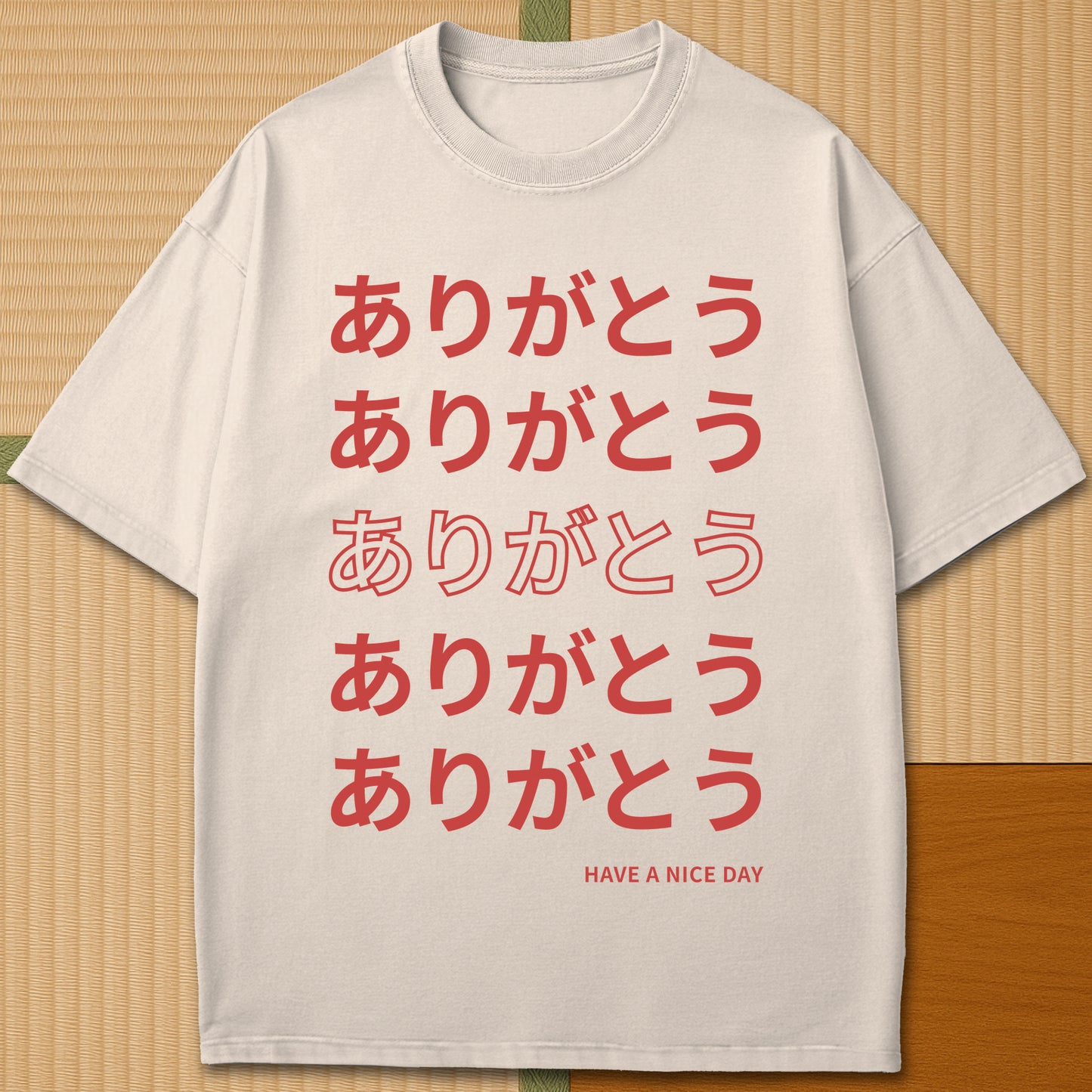 Japanese-inspired cotton Echoes Of Thank You T-Shirt in Ivory on Comfort Colors 1717, styled in a modern flatlay scene.
