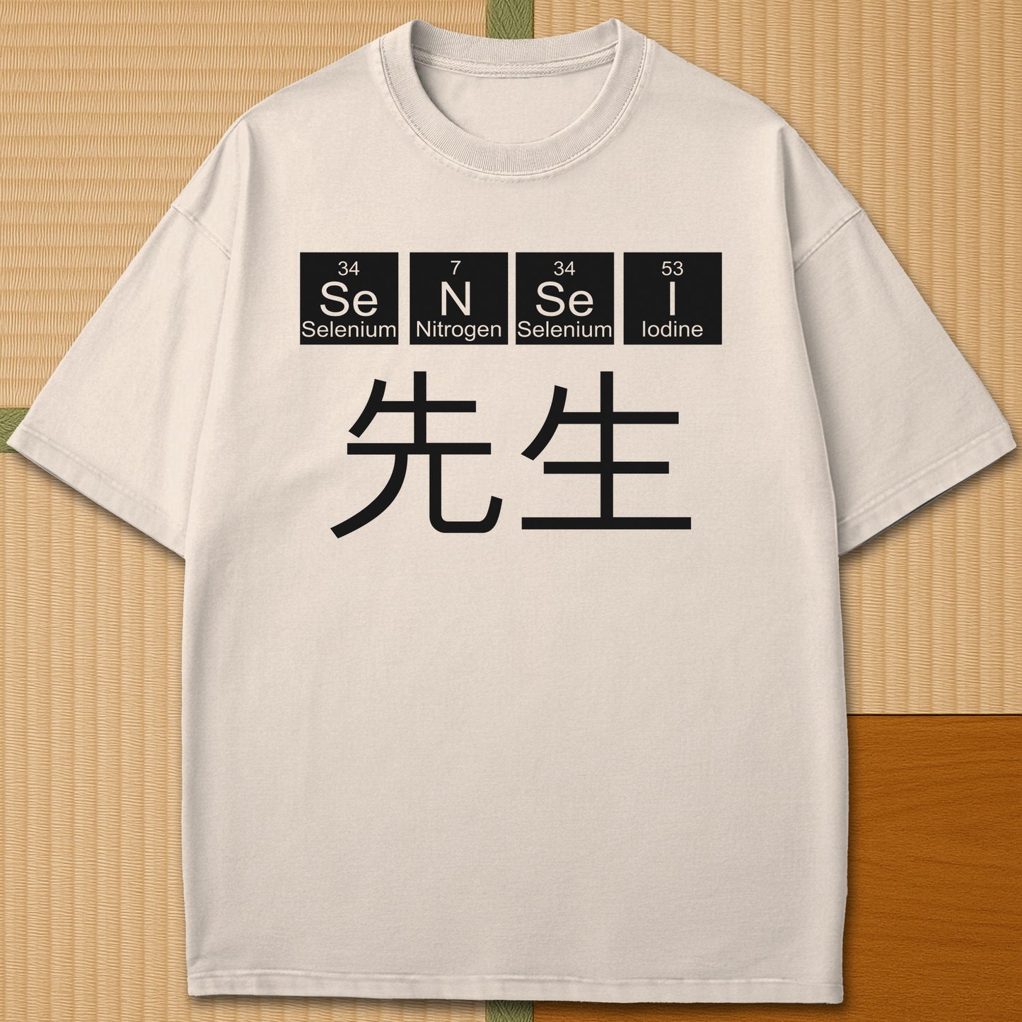 Japanese-inspired cotton Sensei Periodic Table T-Shirt in Ivory on Comfort Colors 1717, styled in a modern flatlay scene.