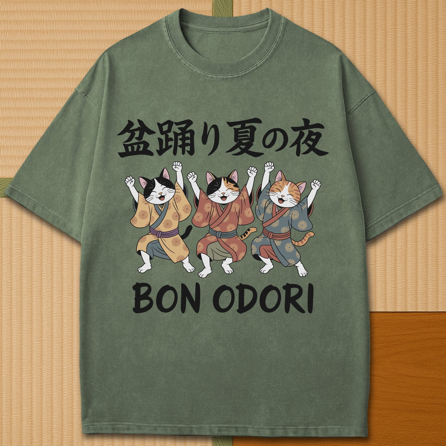 Japanese-inspired cotton Summer Night Bon Odori Cats T-Shirt in Moss on Comfort Colors 1717, styled in a modern flatlay scene.