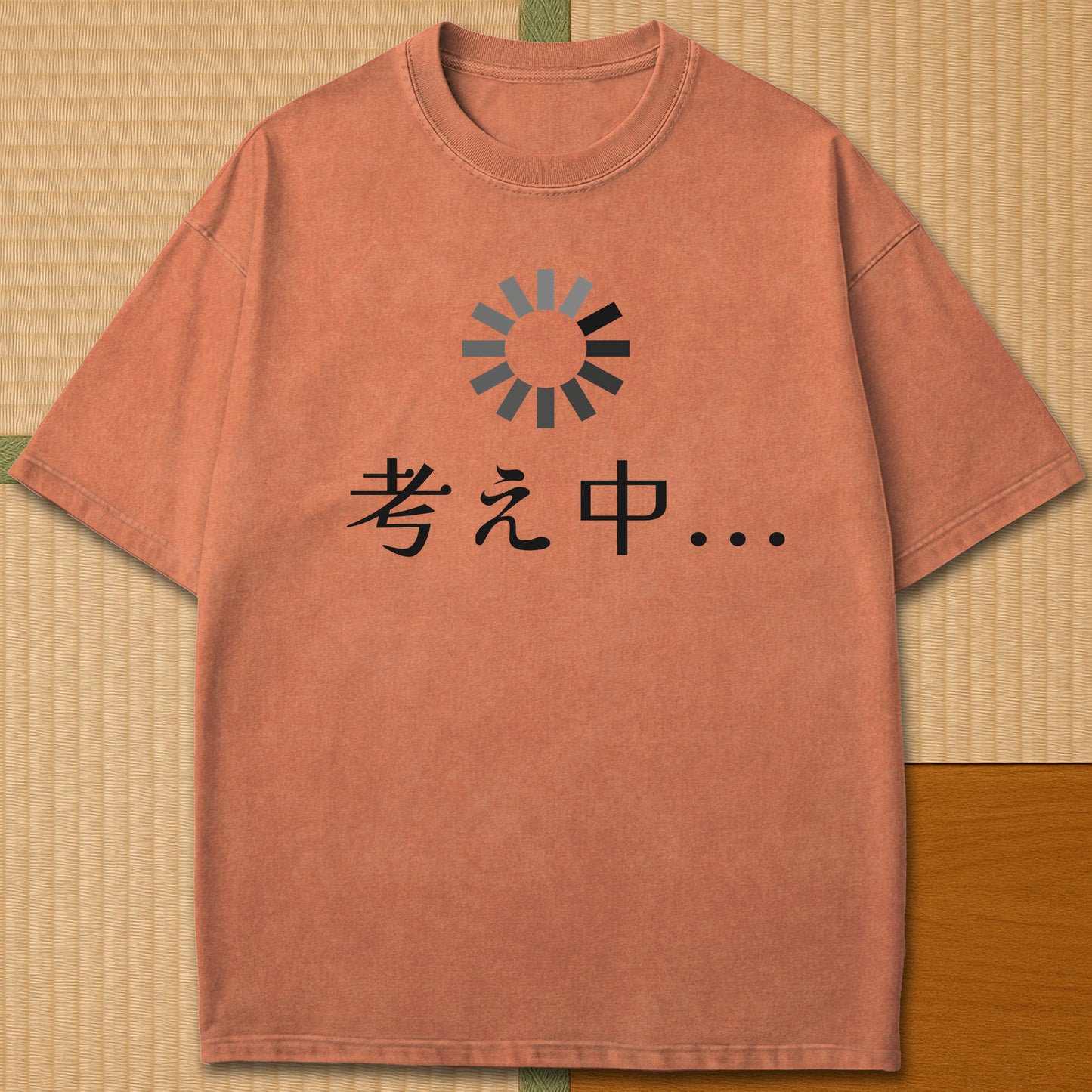 Japanese-inspired cotton Thinking In Japanese T-Shirt in Yam on Comfort Colors 1717, styled in a modern flatlay scene.
