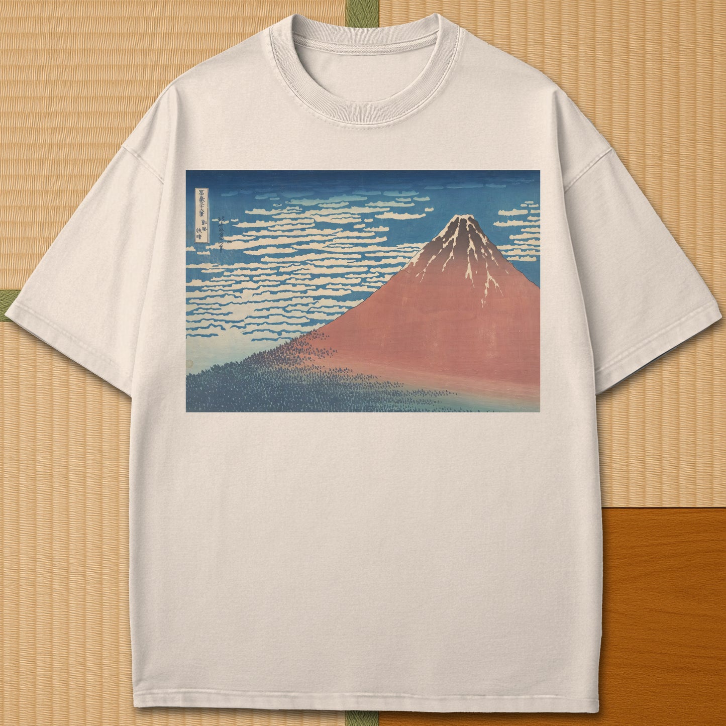 Japanese-inspired cotton Red Fuji By Hokusai T-Shirt in Ivory on Comfort Colors 1717, styled in a modern flatlay scene.