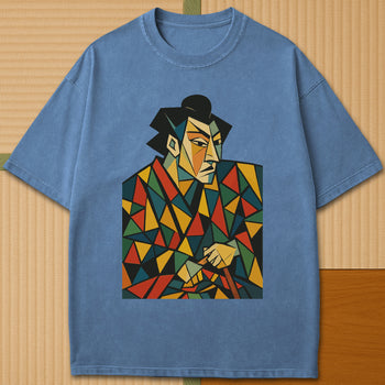 Japanese-inspired cotton Abstract Cubist Kabuki Samurai T-Shirt in Blue Jean on Comfort Colors 1717, styled in a modern flatlay scene.