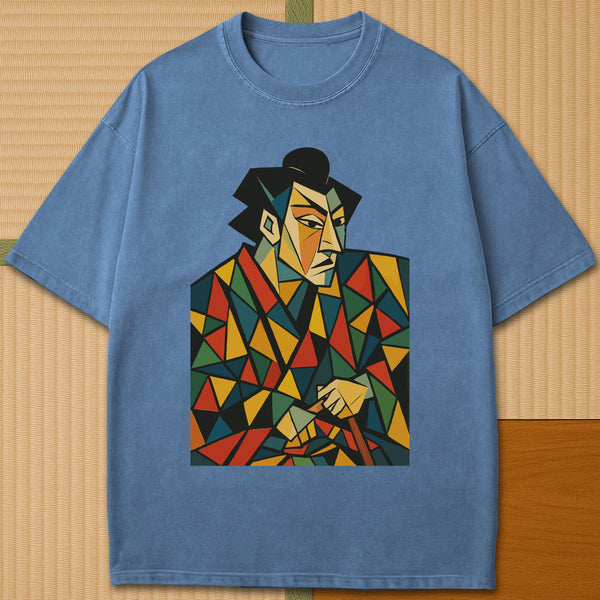 Japanese-inspired cotton Abstract Cubist Kabuki Samurai T-Shirt in Blue Jean on Comfort Colors 1717, styled in a modern flatlay scene.