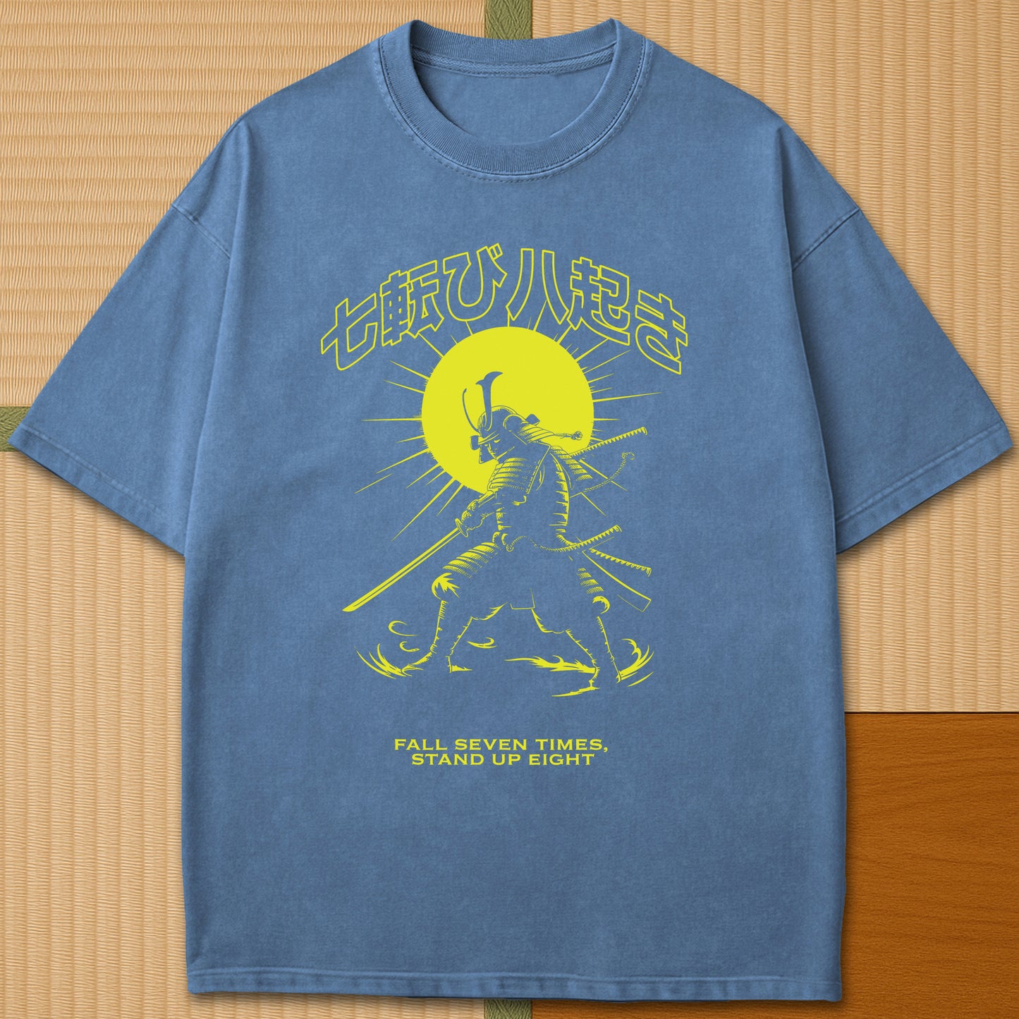 Japanese-inspired cotton Bushido Resilience T-Shirt in Blue Jean on Comfort Colors 1717, styled in a modern flatlay scene.