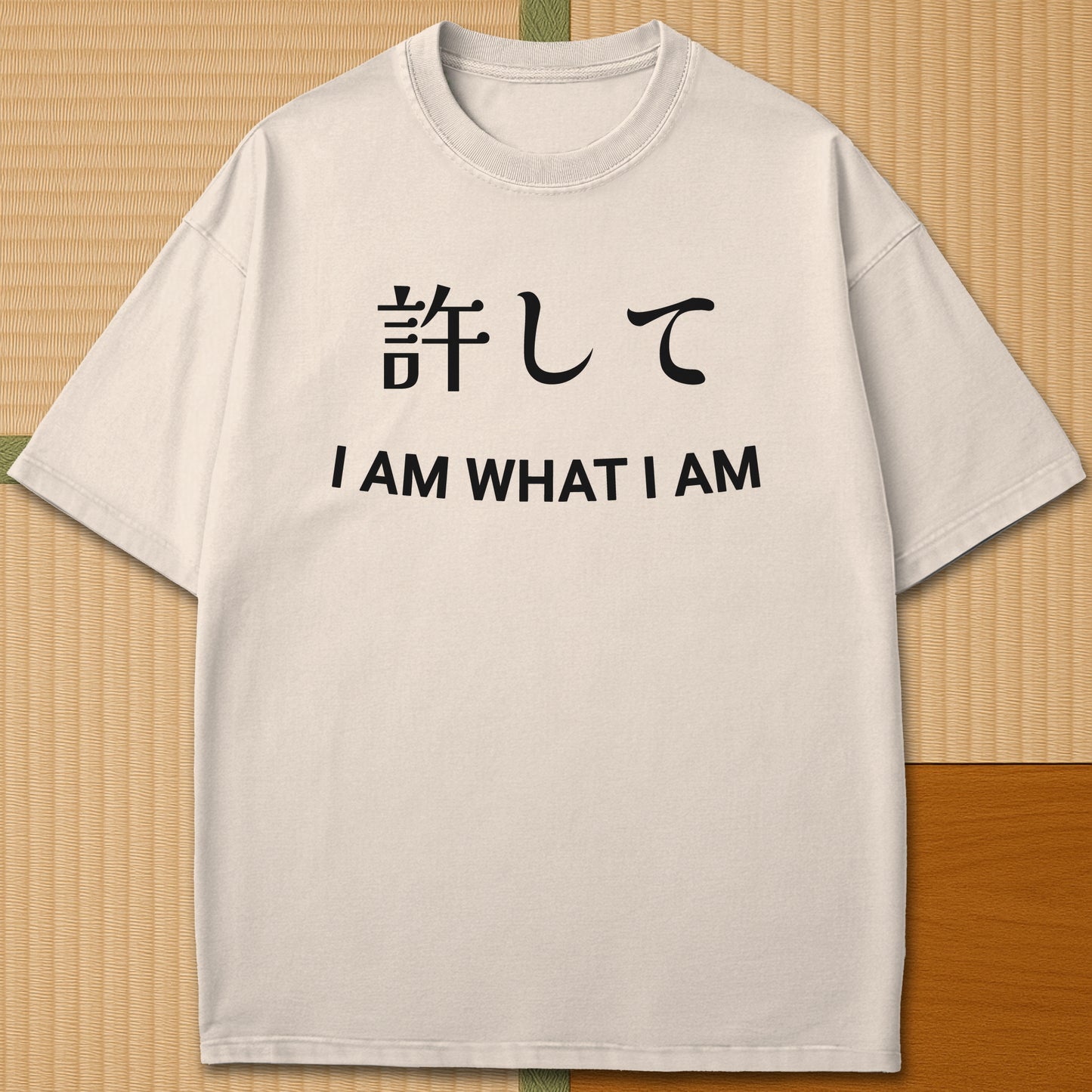 Japanese-inspired cotton Forgive Me In Japanese T-Shirt in Ivory on Comfort Colors 1717, styled in a modern flatlay scene.
