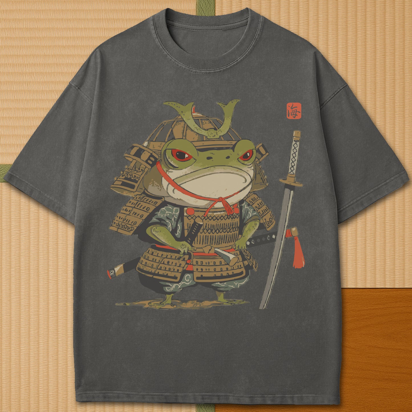 Japanese-inspired cotton Anime Frog Samurai T-Shirt in Pepper on Comfort Colors 1717, styled in a modern flatlay scene.
