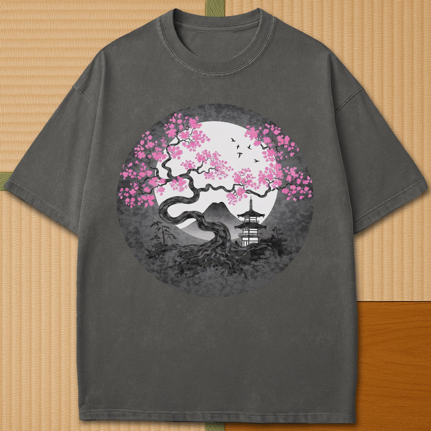 Japanese-inspired cotton Sakura Near Fuji T-Shirt in Pepper on Comfort Colors 1717, styled in a modern flatlay scene.