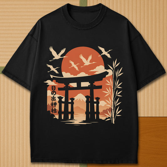 Japanese-inspired cotton Sunrise Shrine T-Shirt in Black on Comfort Colors 1717, styled in a modern flatlay scene.