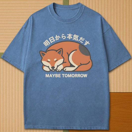 Japanese-inspired cotton Maybe Tomorrow Shiba Inu T-Shirt in Blue Jean on Comfort Colors 1717, styled in a modern flatlay scene.