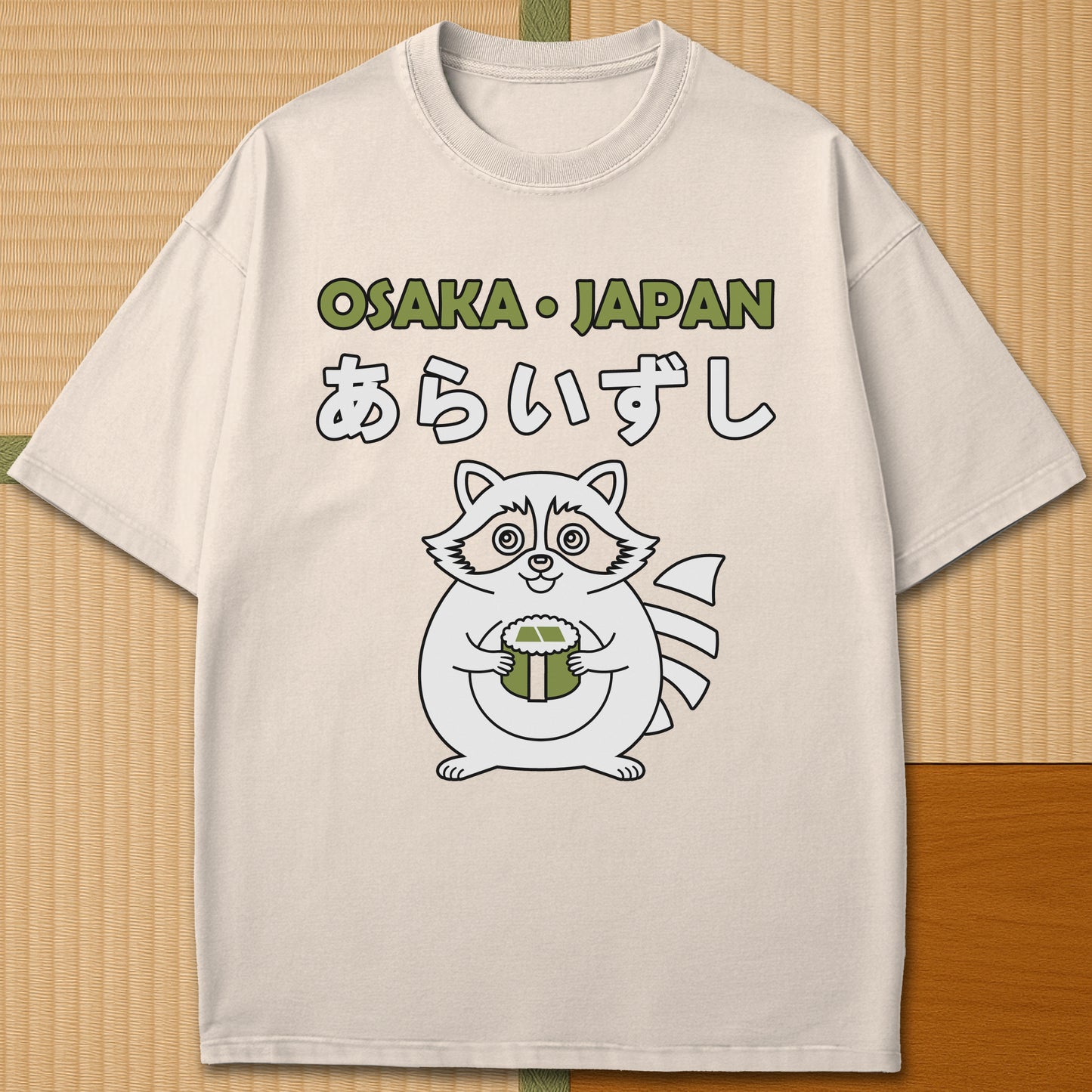 Japanese-inspired cotton Arai Zushi Osaka T-Shirt in Ivory on Comfort Colors 1717, styled in a modern flatlay scene.