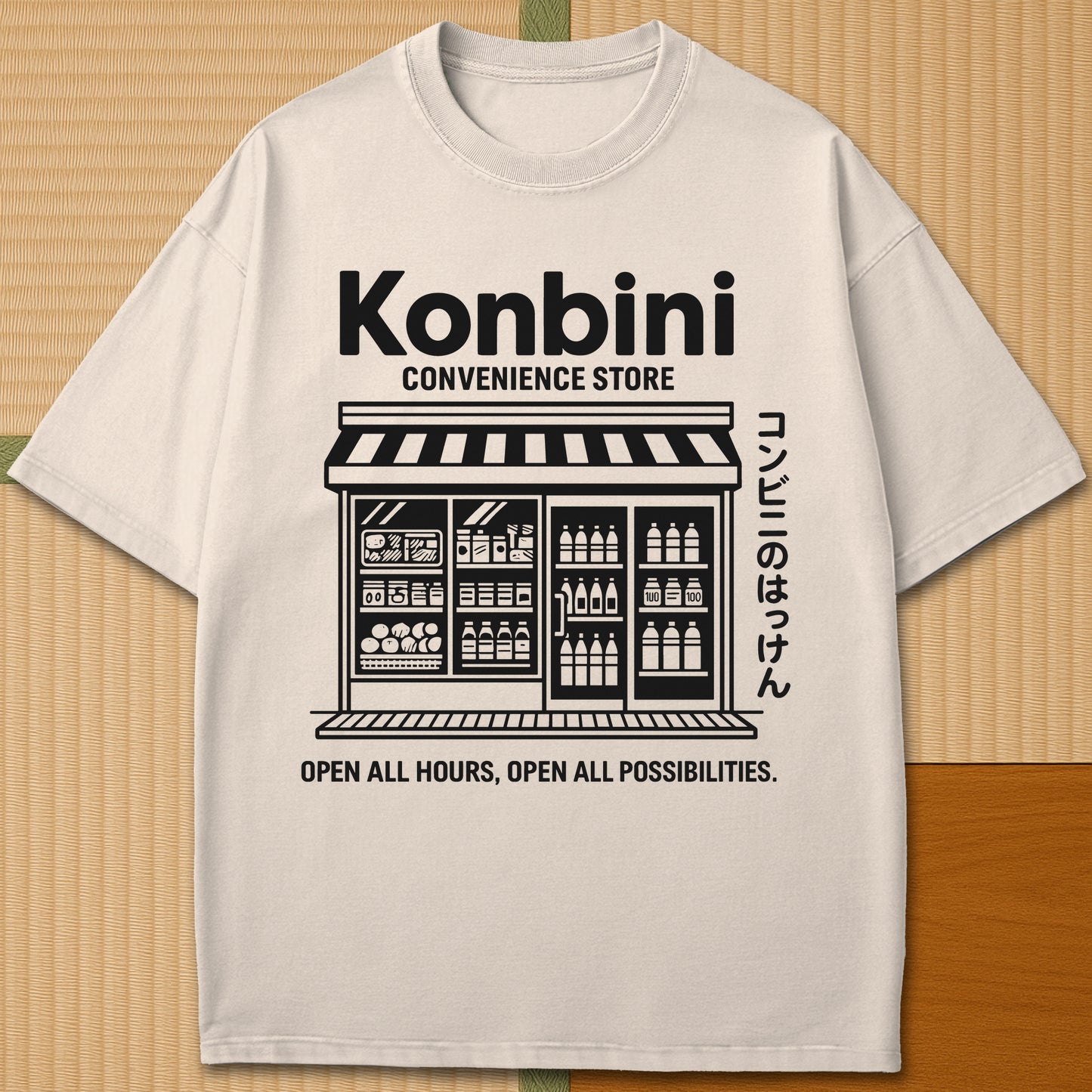 Japanese-inspired cotton Konbini Life T-Shirt in Ivory on Comfort Colors 1717, styled in a modern flatlay scene.